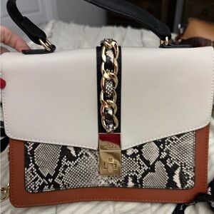 Aldo White and Brown Shoulder Bag with Chain Accent